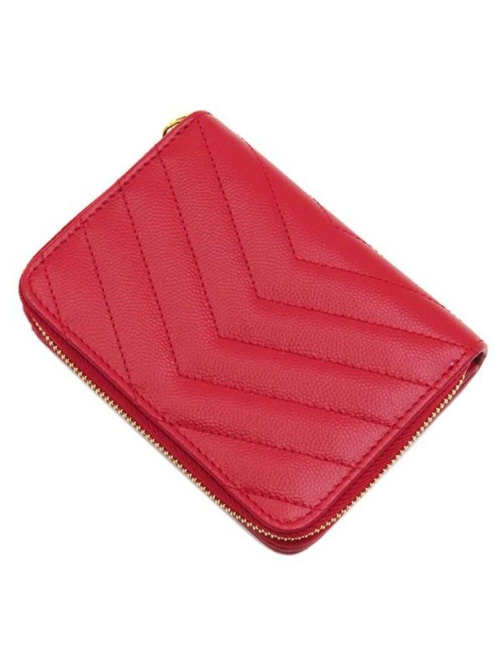 Saint Laurent Bifold Wallet Cassandra Stitch Compact Zip Leather Red Gold - Picture 2 of 13